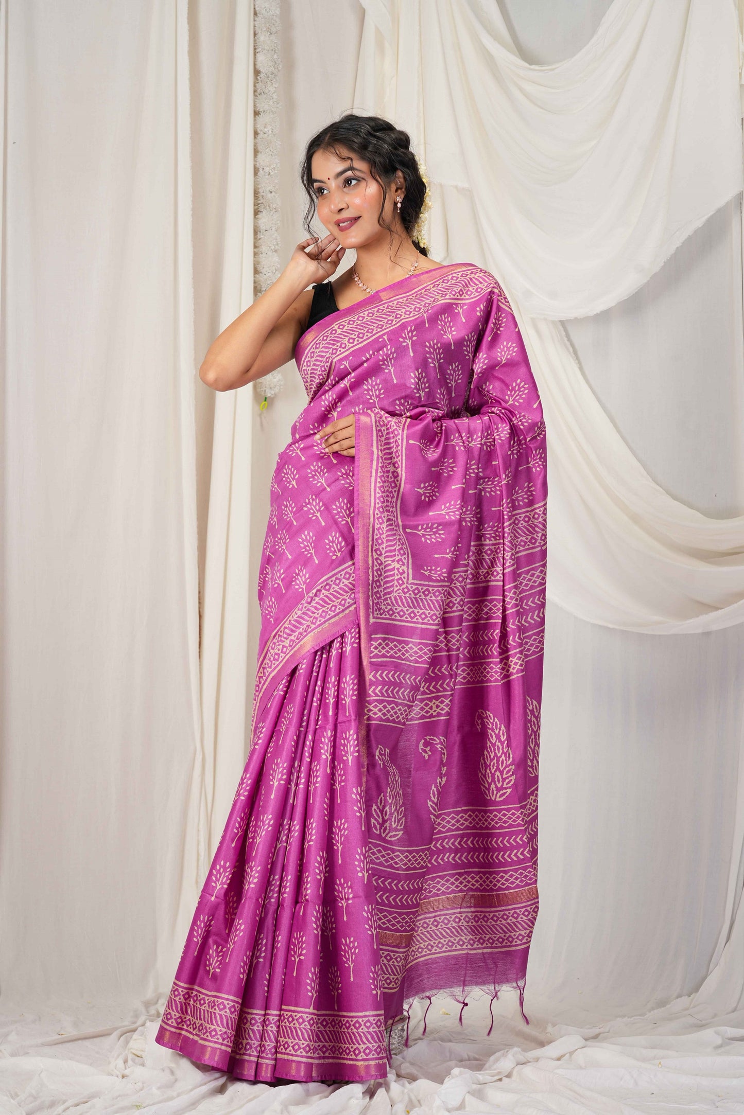 Anuttara Women's Bhagalpuri Purple Cotton Silk Discharge (Hand Block) with Golden Border Ethnic Saree With Blouse_AFS1544-FS