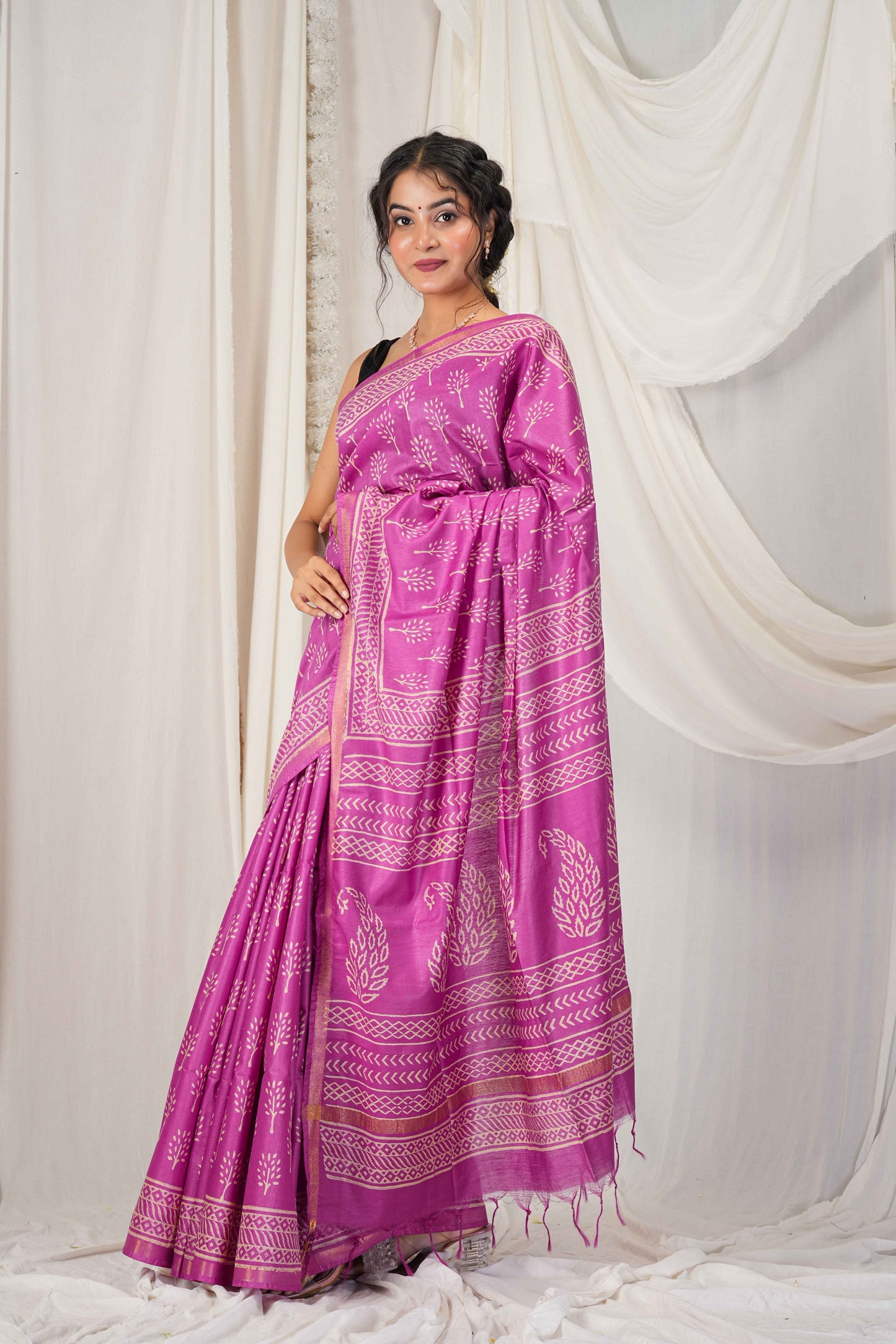 Anuttara Women's Bhagalpuri Purple Cotton Silk Discharge (Hand Block) with Golden Border Ethnic Saree With Blouse_AFS1544-FS