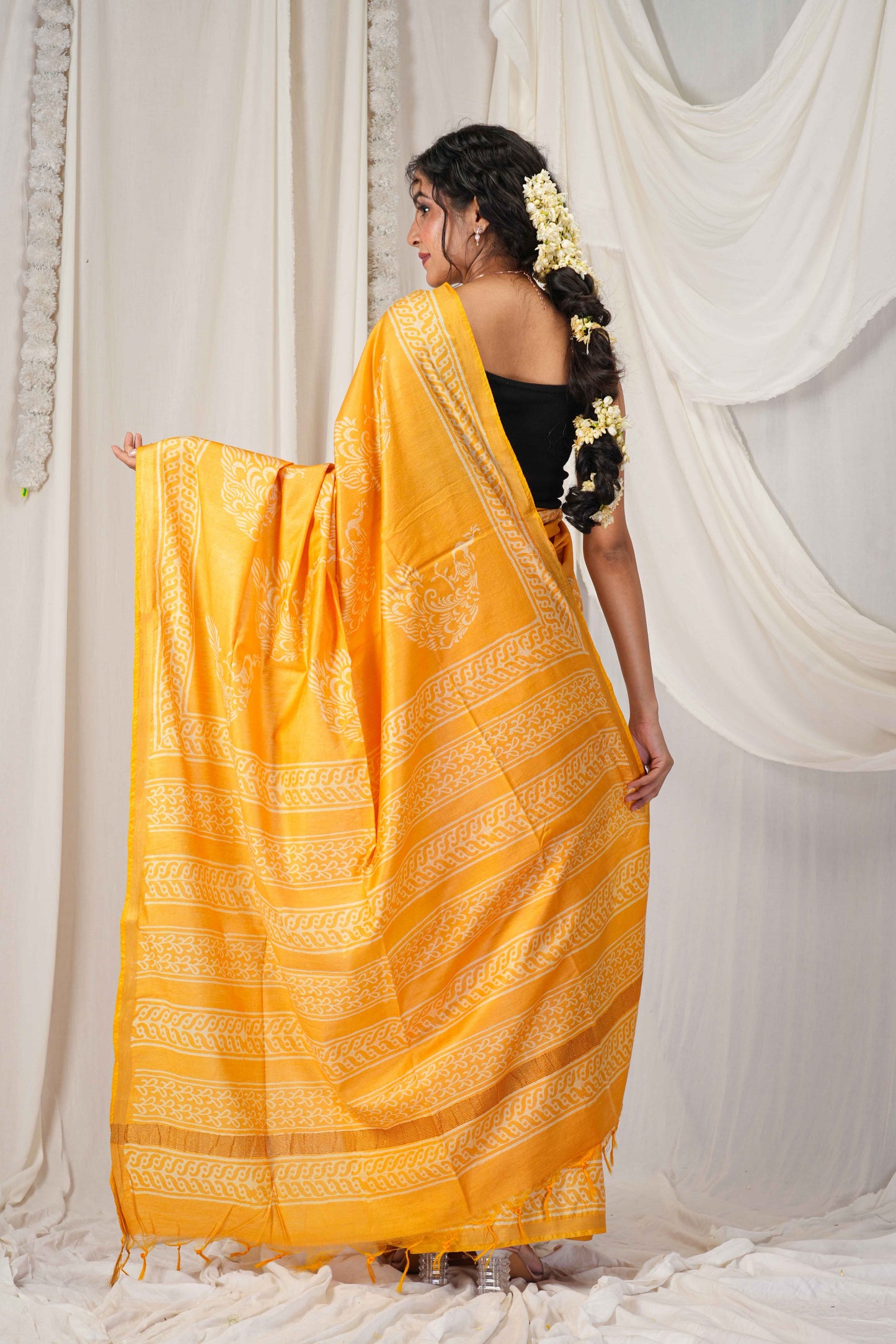 Anuttara Women's Bhagalpuri Yellow Cotton Silk Discharge (Hand Block) with Golden Border Ethnic Saree With Blouse_AFS1545-FS