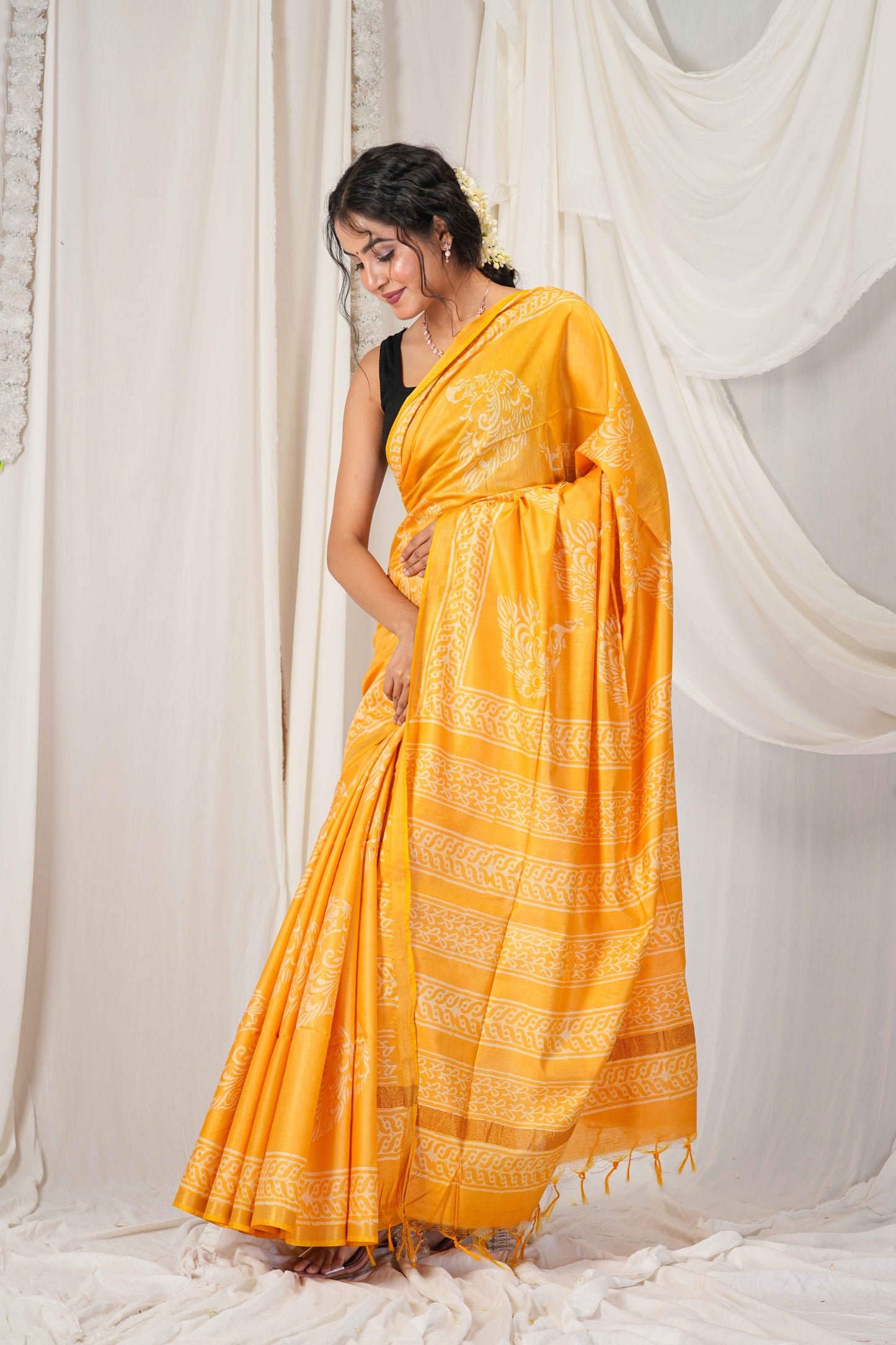 Anuttara Women's Bhagalpuri Yellow Cotton Silk Discharge (Hand Block) with Golden Border Ethnic Saree With Blouse_AFS1545-FS