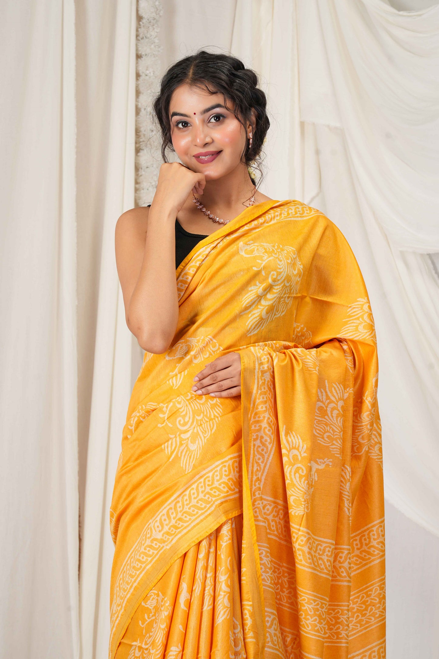 Anuttara Women's Bhagalpuri Yellow Cotton Silk Discharge (Hand Block) with Golden Border Ethnic Saree With Blouse_AFS1545-FS