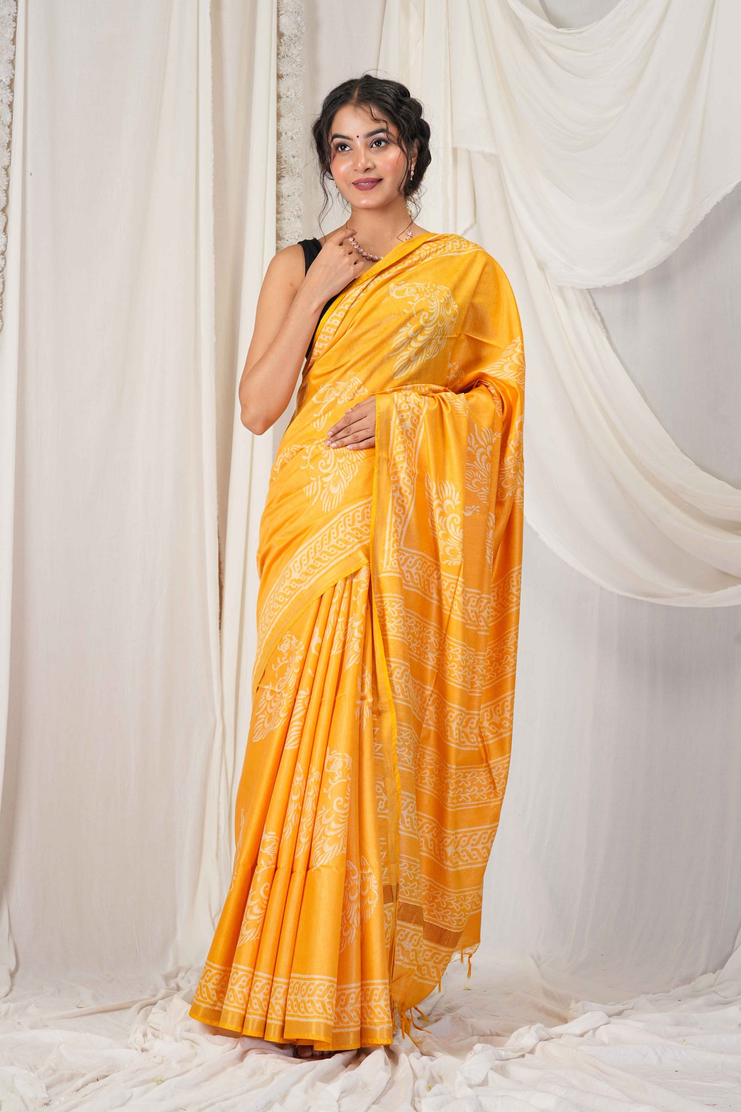 Anuttara Women's Bhagalpuri Yellow Cotton Silk Discharge (Hand Block) with Golden Border Ethnic Saree With Blouse_AFS1545-FS