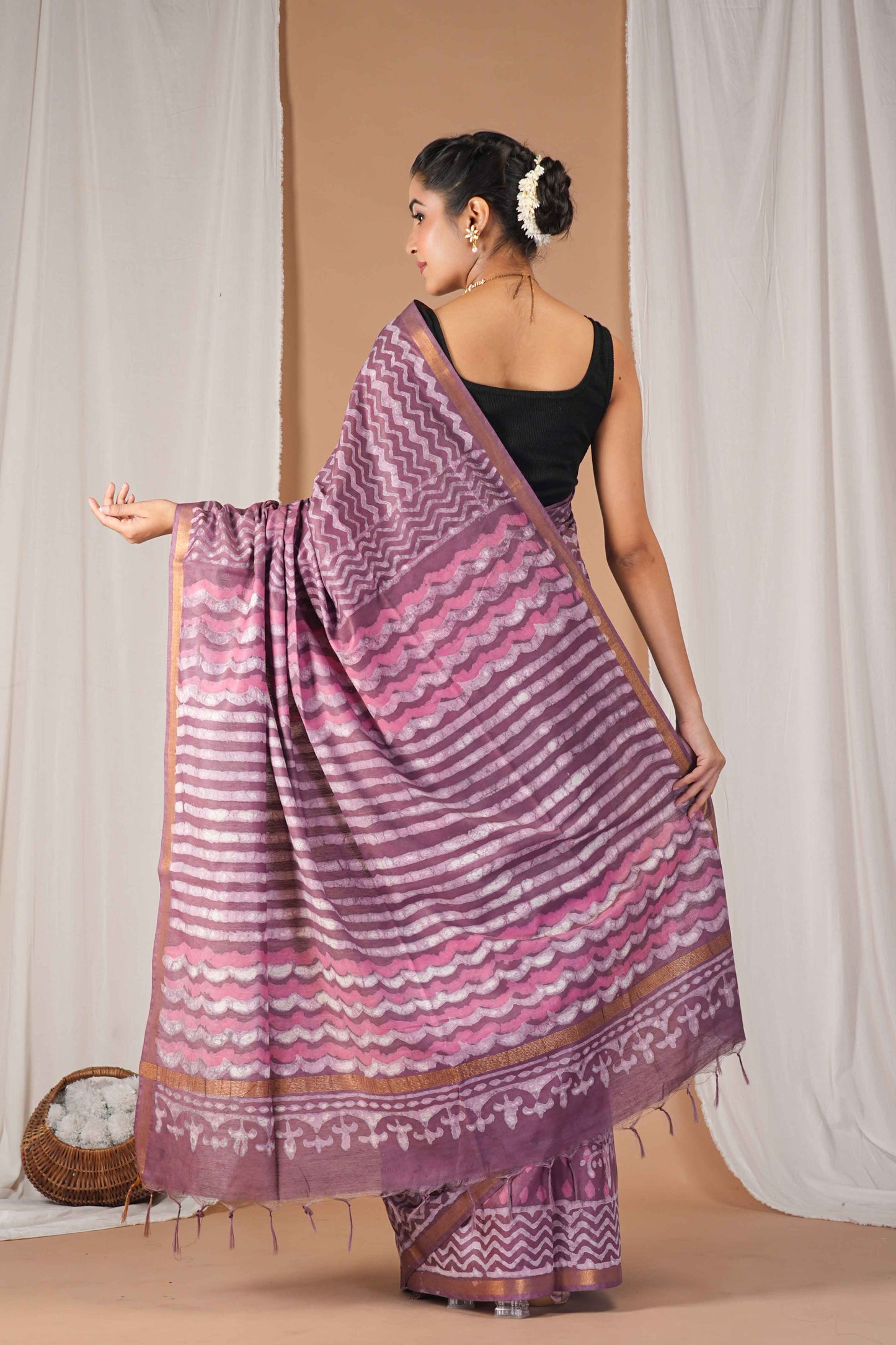 Anuttara Women's Bhagalpuri Mauve Pink Cotton Silk Dabu Print (Hand Block) with Golden Border Ethnic Saree With Blouse_AFS1546-FS