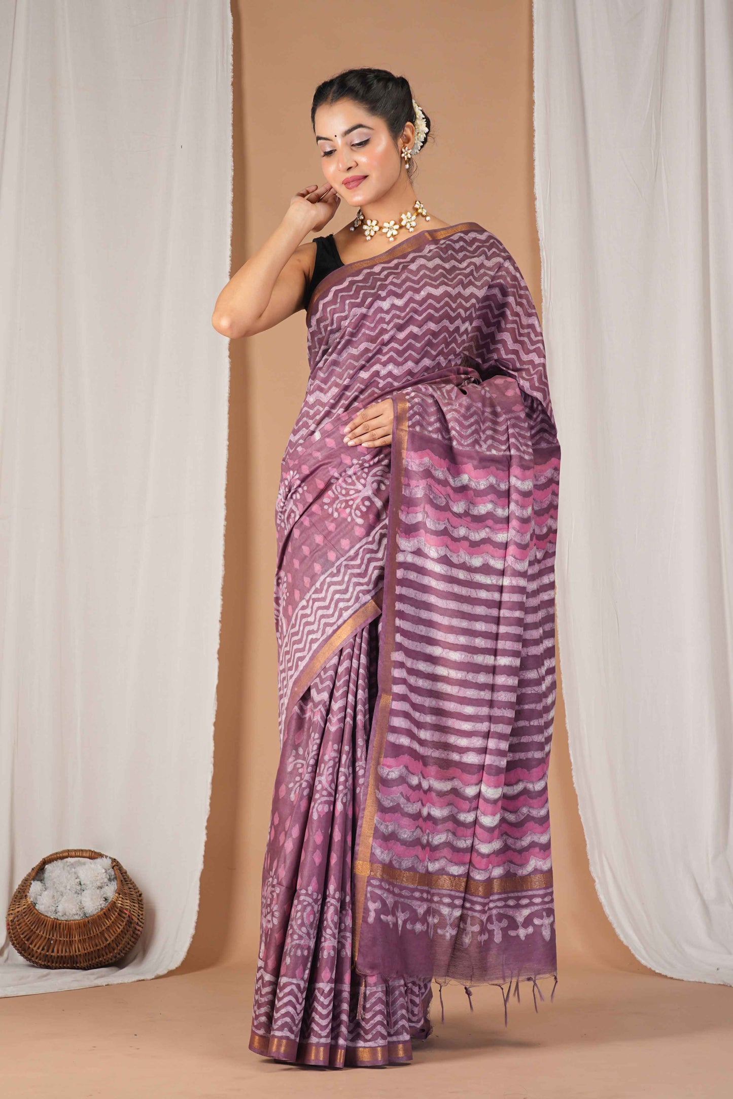 Anuttara Women's Bhagalpuri Mauve Pink Cotton Silk Dabu Print (Hand Block) with Golden Border Ethnic Saree With Blouse_AFS1546-FS