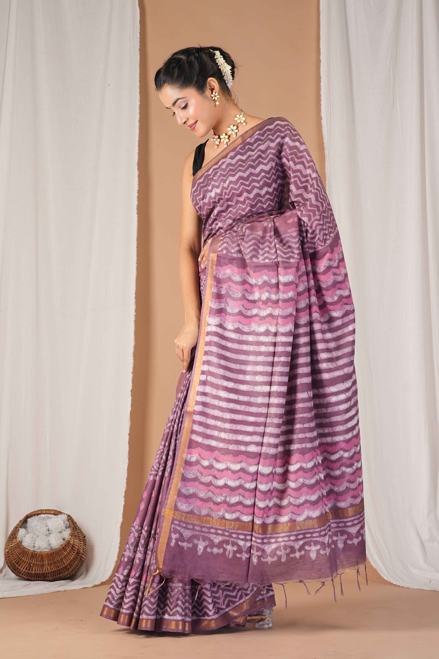 Anuttara Women's Bhagalpuri Mauve Pink Cotton Silk Dabu Print (Hand Block) with Golden Border Ethnic Saree With Blouse_AFS1546-FS