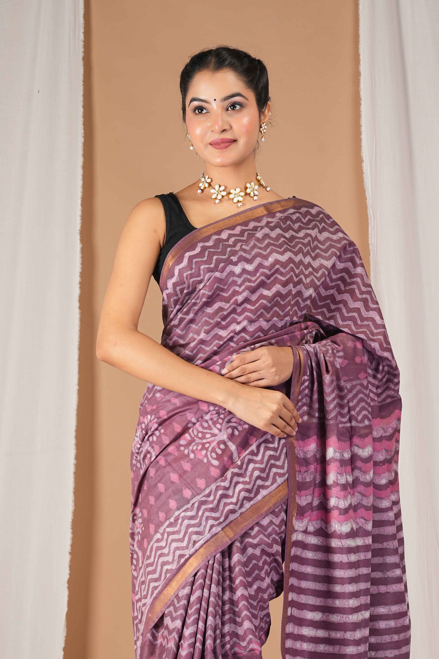 Anuttara Women's Bhagalpuri Mauve Pink Cotton Silk Dabu Print (Hand Block) with Golden Border Ethnic Saree With Blouse_AFS1546-FS