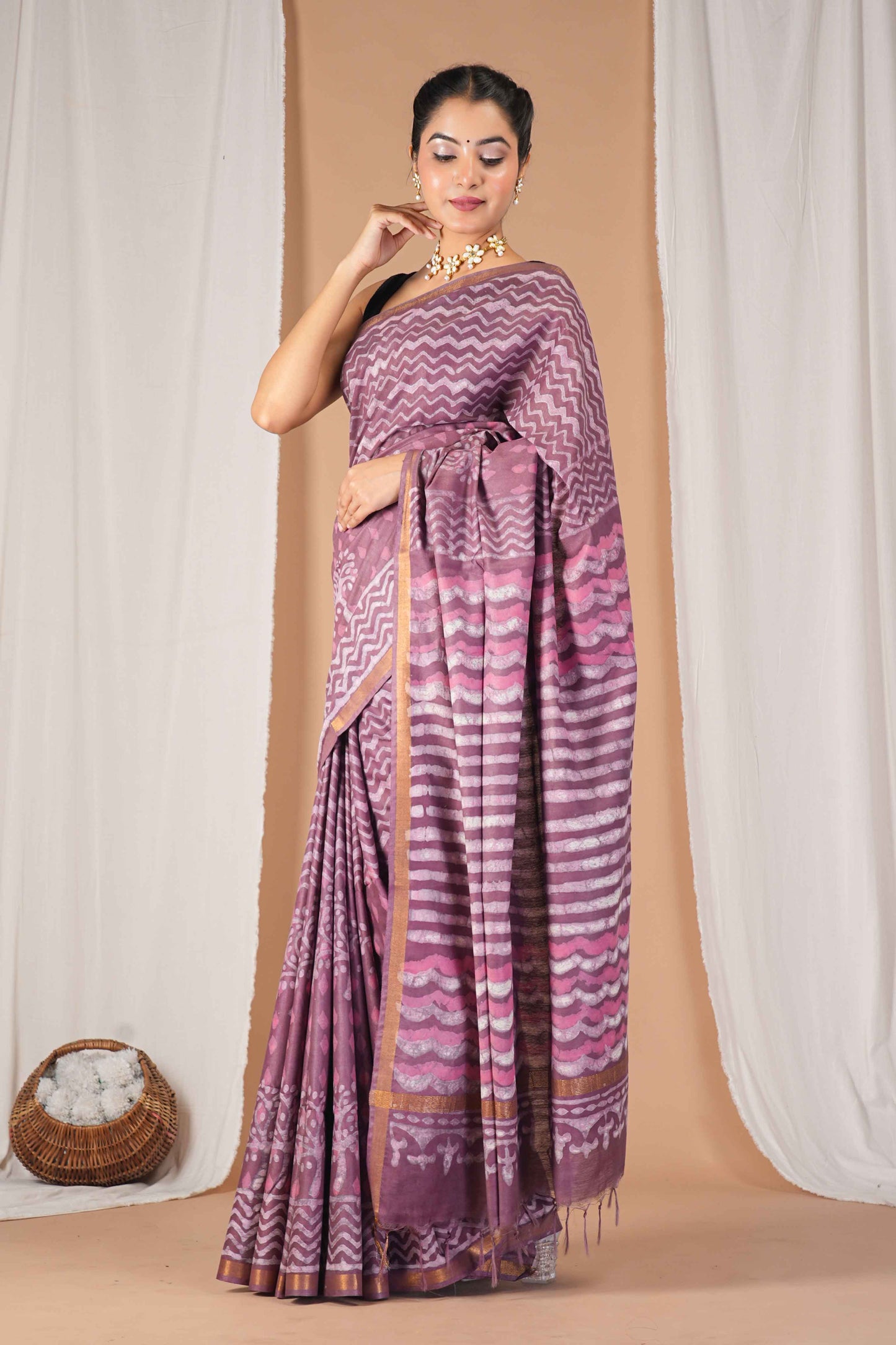 Anuttara Women's Bhagalpuri Mauve Pink Cotton Silk Dabu Print (Hand Block) with Golden Border Ethnic Saree With Blouse_AFS1546-FS