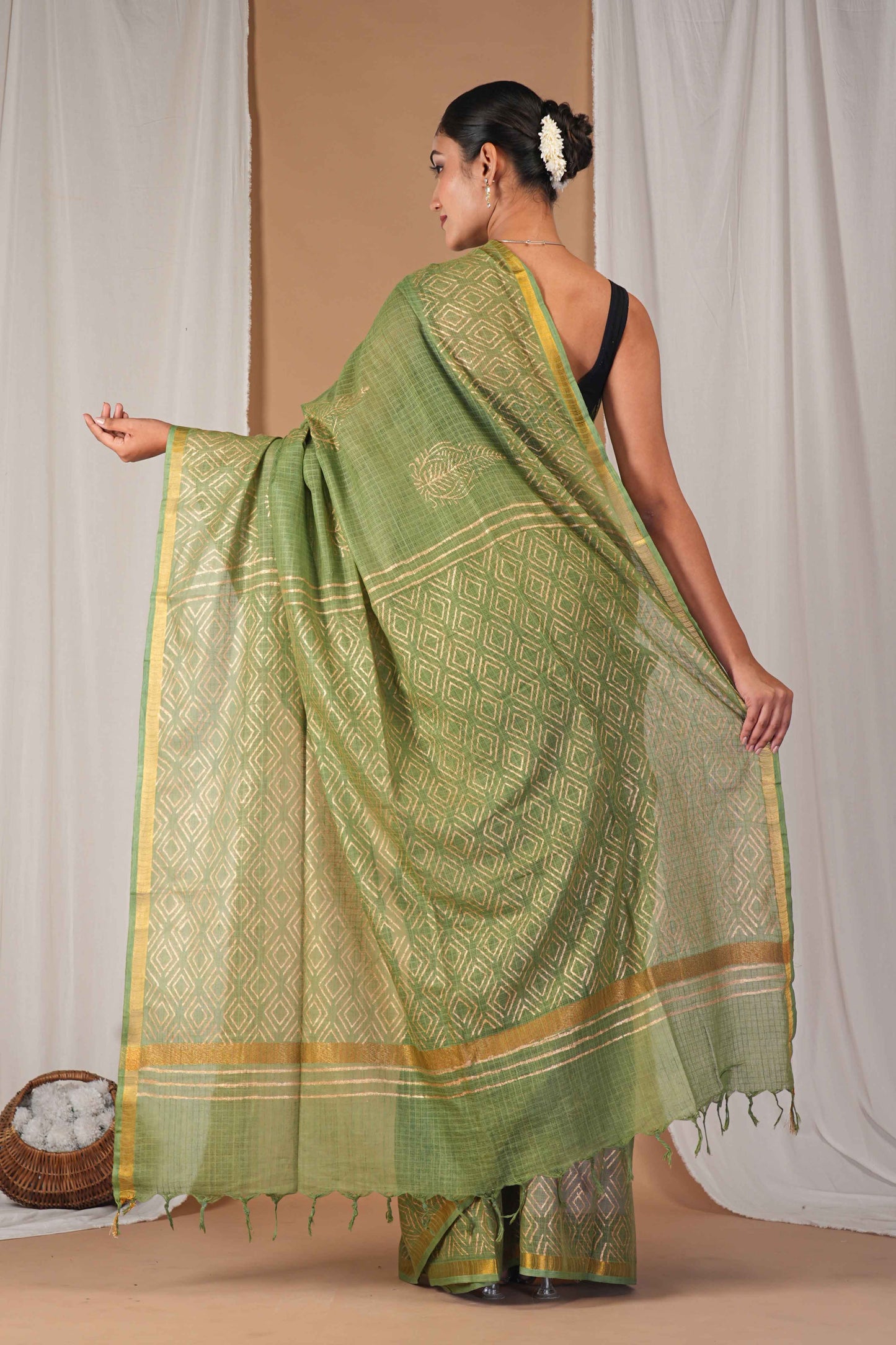 Anuttara Women's Bhagalpuri Green Kota Doria Hand Block with Golden Border Ethnic Saree With Blouse_AFS1547-FS