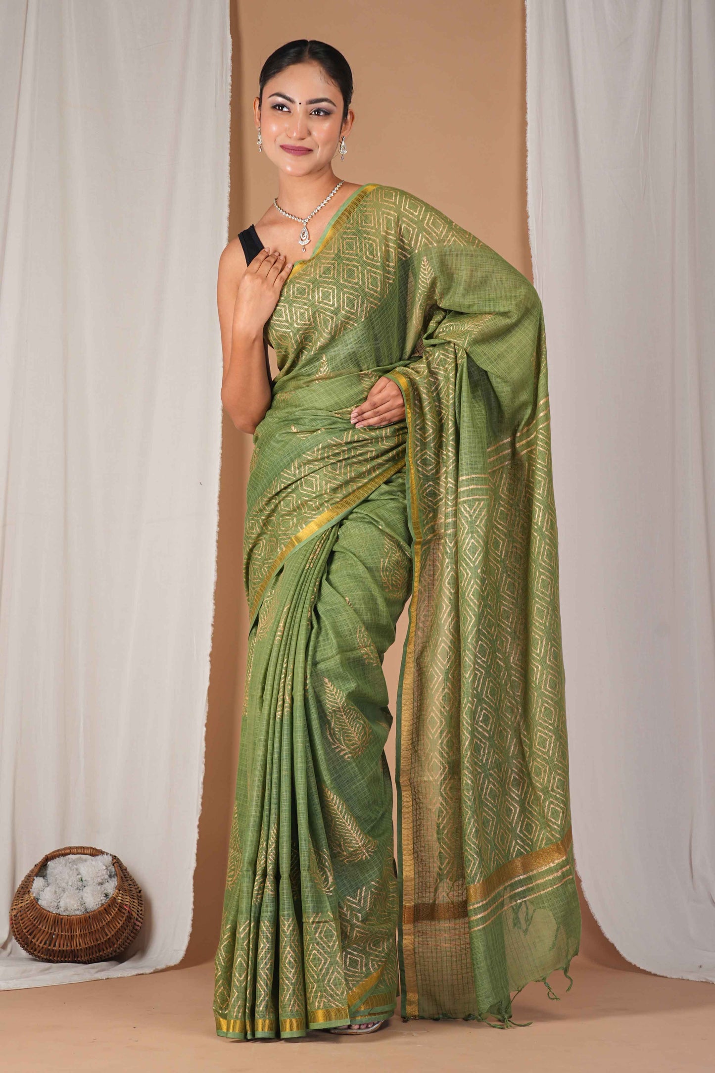 Anuttara Women's Bhagalpuri Green Kota Doria Hand Block with Golden Border Ethnic Saree With Blouse_AFS1547-FS