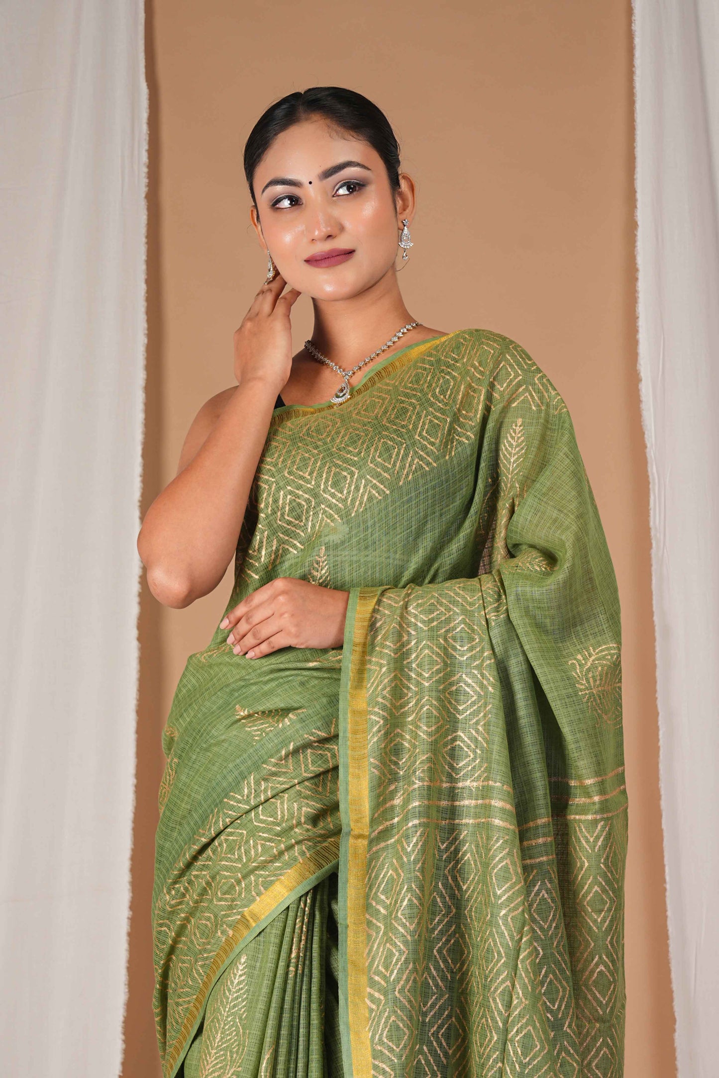 Anuttara Women's Bhagalpuri Green Kota Doria Hand Block with Golden Border Ethnic Saree With Blouse_AFS1547-FS