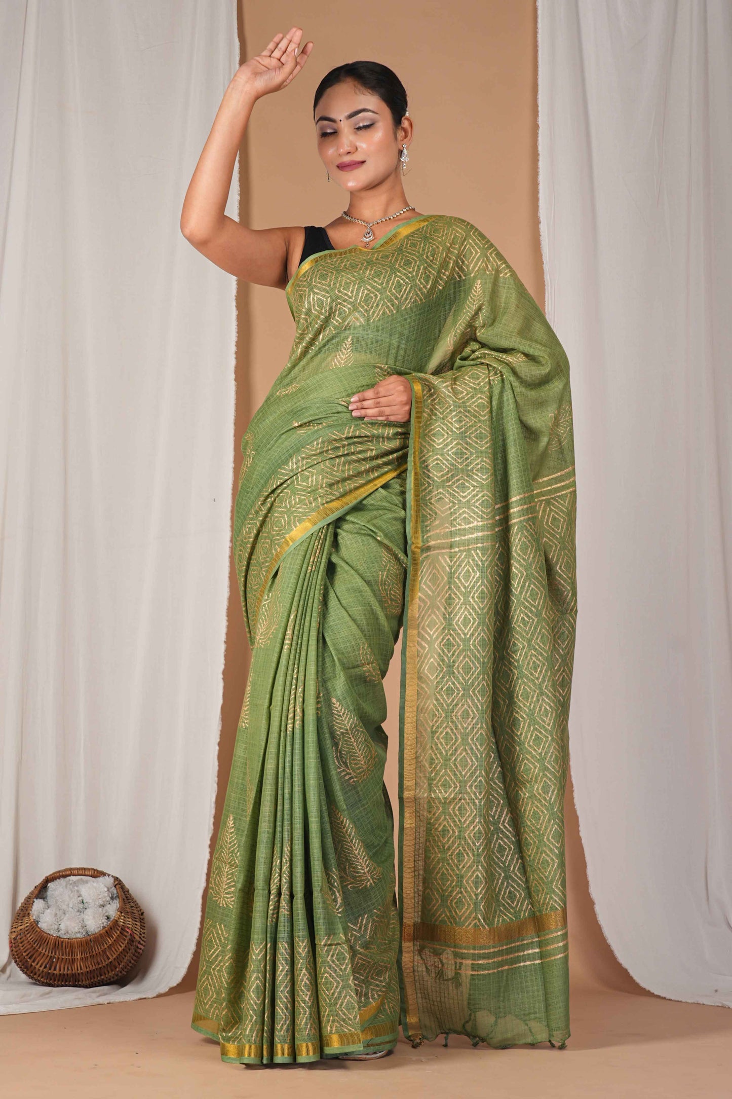 Anuttara Women's Bhagalpuri Green Kota Doria Hand Block with Golden Border Ethnic Saree With Blouse_AFS1547-FS