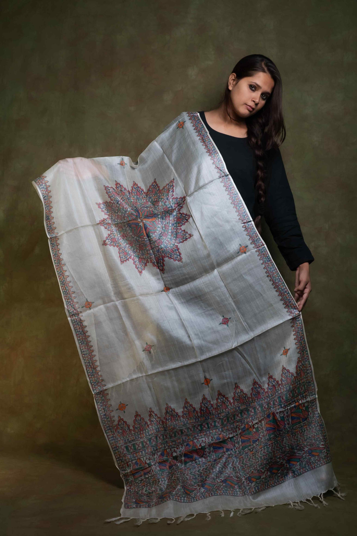 Silver Grey Tussar Madhubani Hand Painting Dupatta