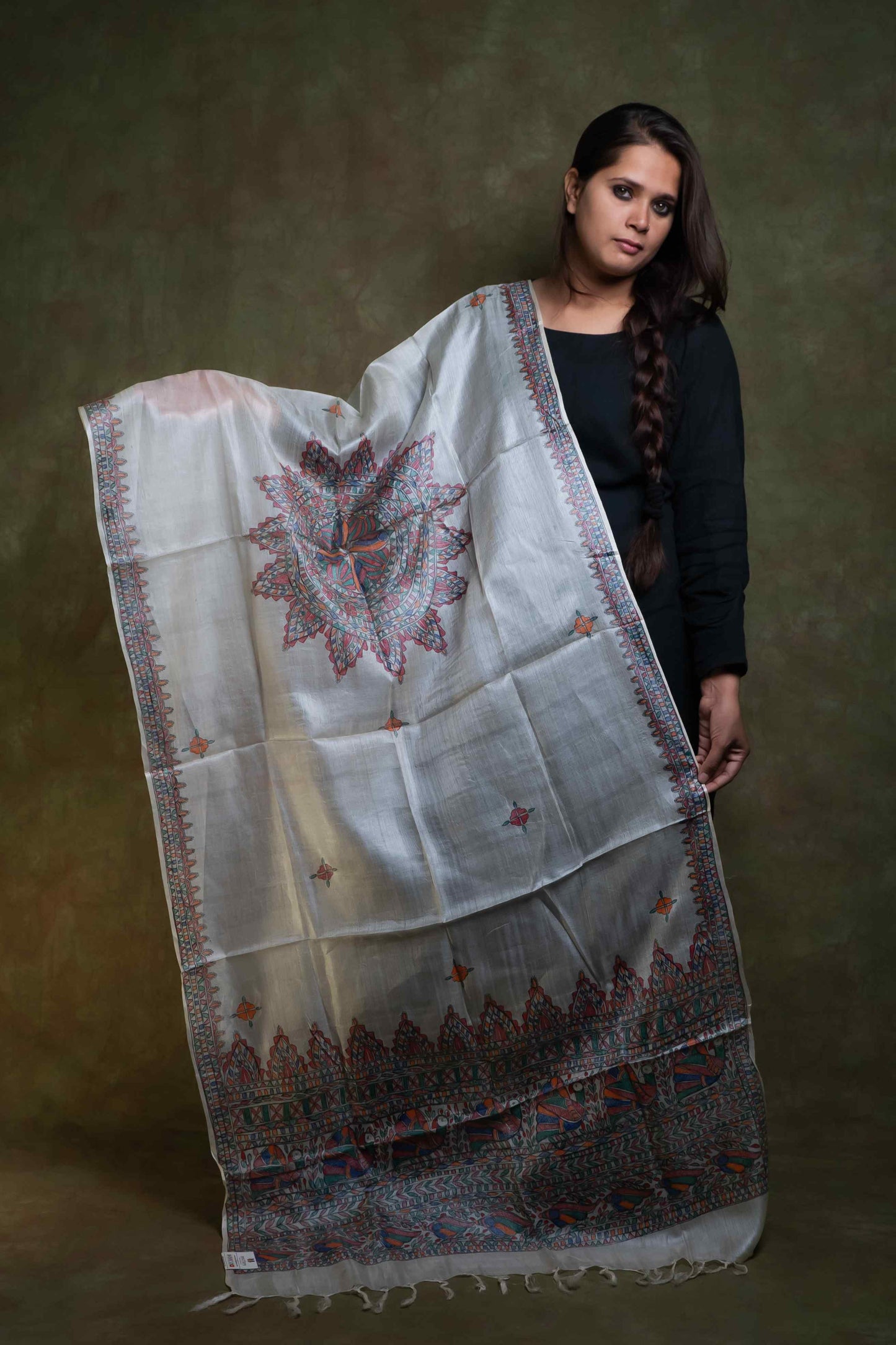 Silver Grey Tussar Madhubani Hand Painting Dupatta