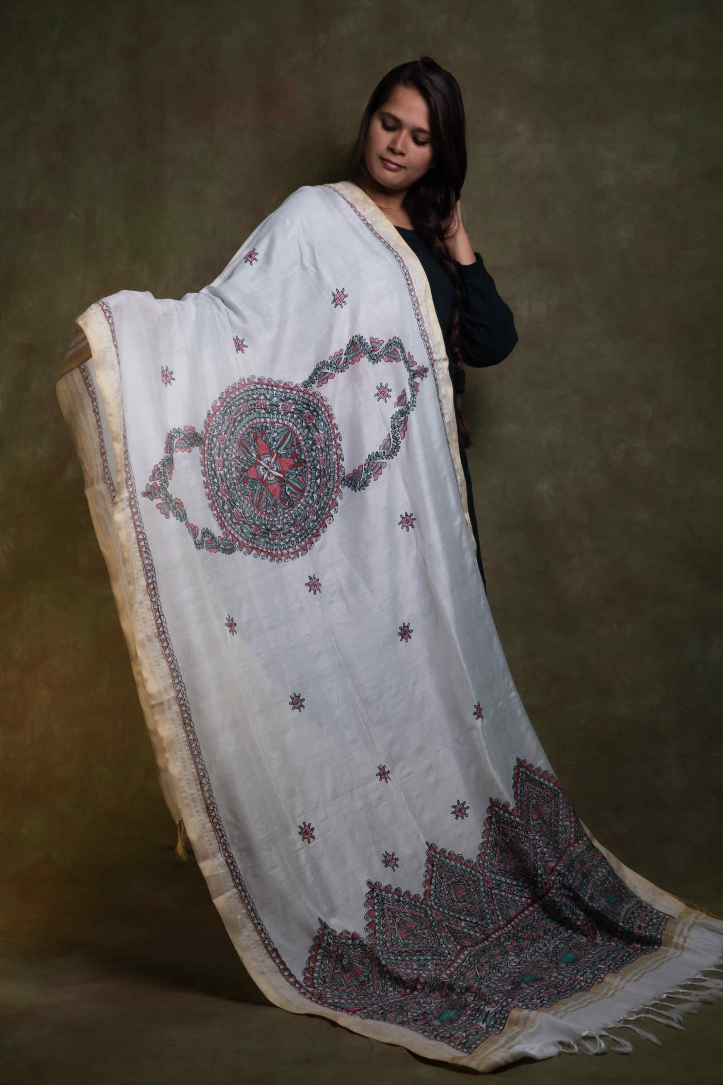 Off white Garland Chanderi Madhubani Hand Painting Dupatta