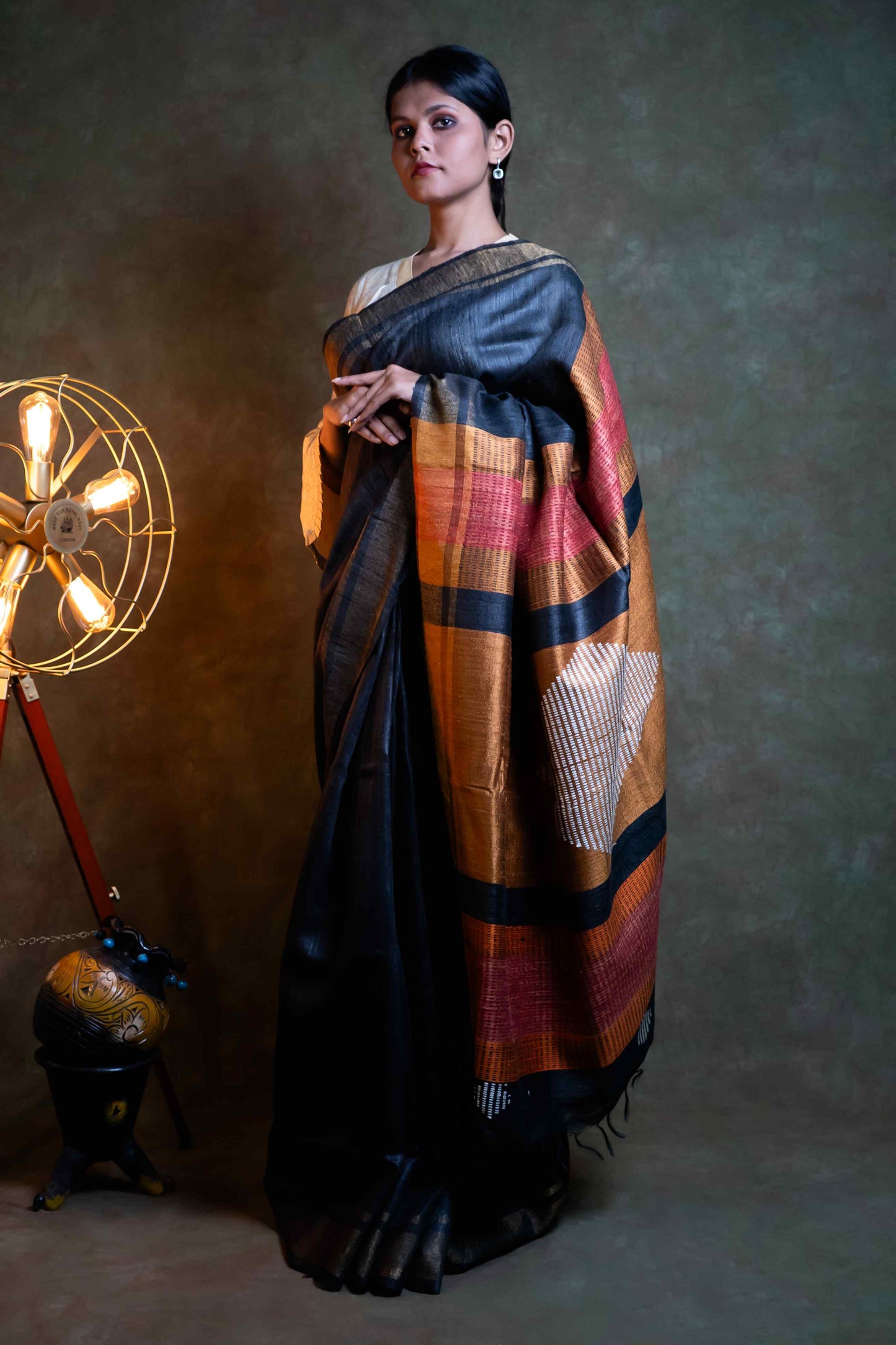 Anuttara Fabric Charcoal - Mustard Ghicha Silk Saree