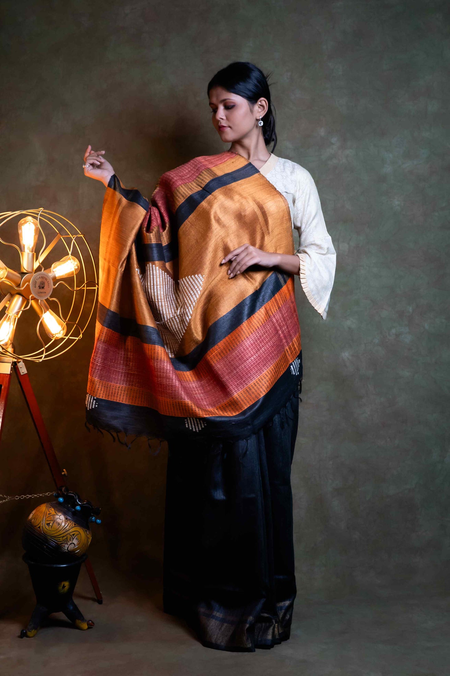 Anuttara Fabric Charcoal - Mustard Ghicha Silk Saree