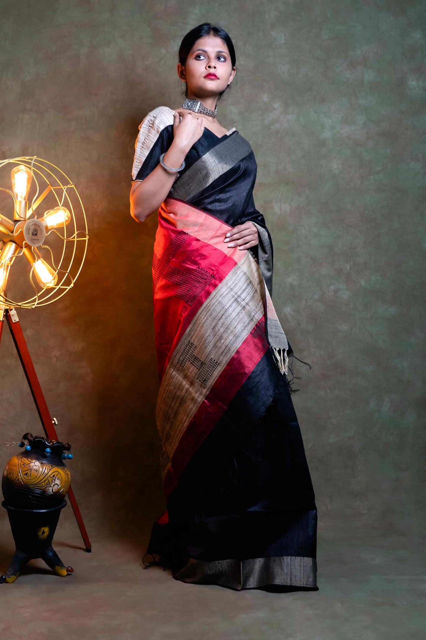 Anuttara Fabric Black & Red Raw Silk Saree With Blouse