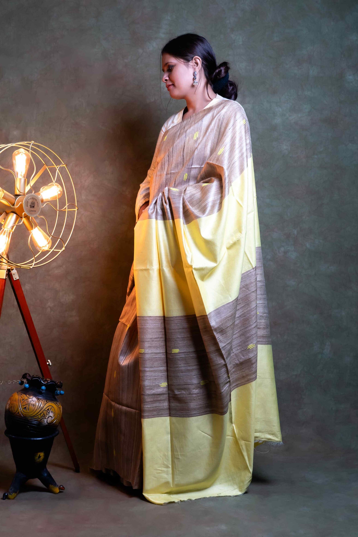 Anuttara Fabric Almond & Pale Yellow Ghicha Silk Saree