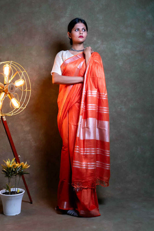 Anuttara Fabric Orange & Silver Khadi Cotton Saree