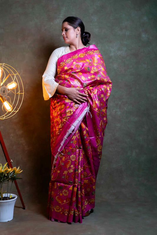 Anuttara Fabric Deep Pink Tussar Silk Printed Saree