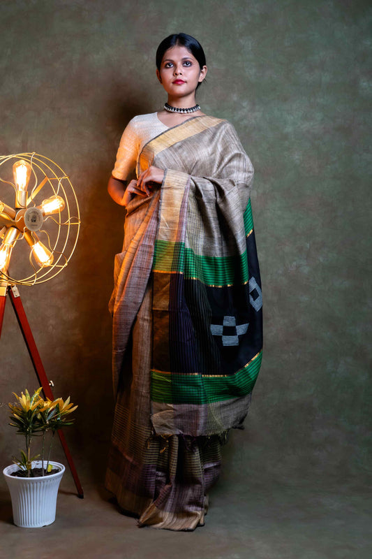 Anuttara Fabric Grey, Black & Green Ghicha Silk Saree
