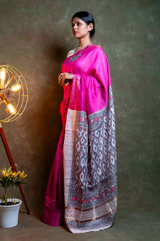 Anuttara Fabric Deep Pink Madhubani Hand Painted Tussar Silk Saree