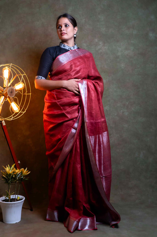 Anuttara Fabric Red & Silver Linen Saree
