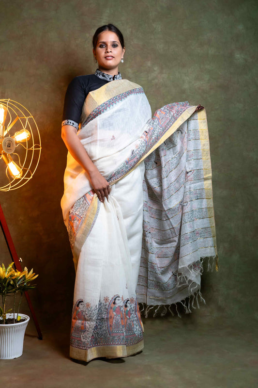 Anuttara Fabric Natural Silk Color Madhubani Hand Painted Silk Linen Saree
