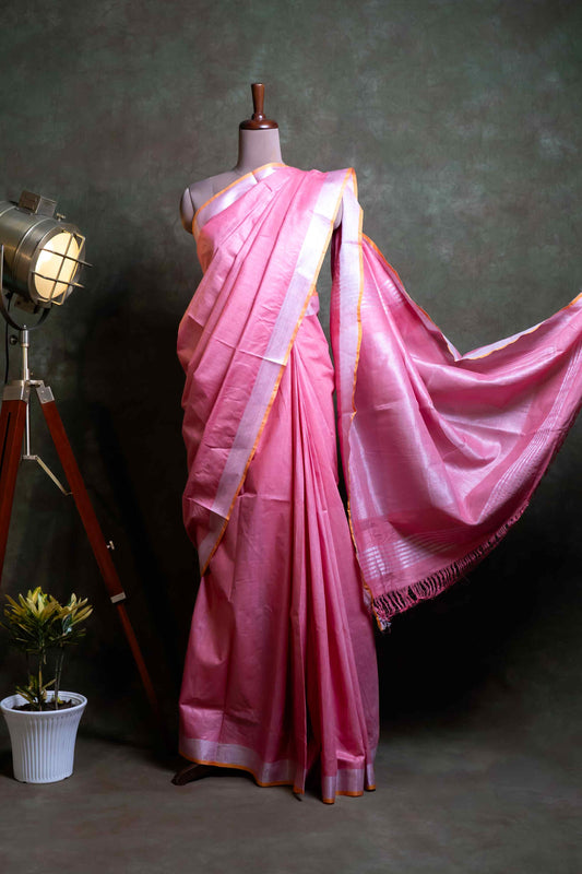 Anuttara Fabric Pink Khadi Cotton Saree With Blouse