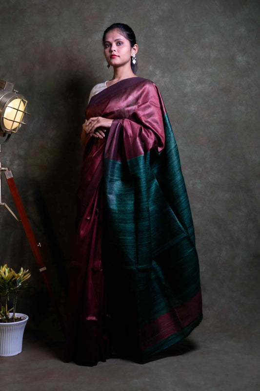 Anuttara Fabric Magenta & Peacock Green Tussar Silk Saree