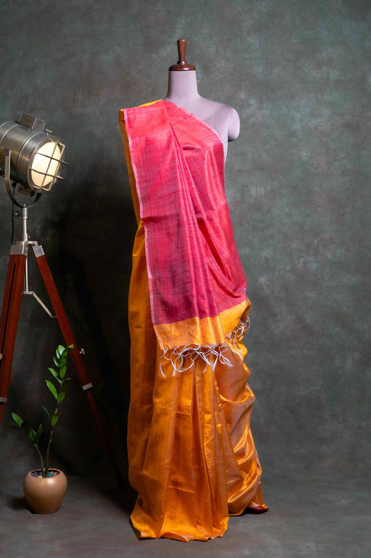 Anuttara Fabric Golden Orange & Red Raw Silk Saree