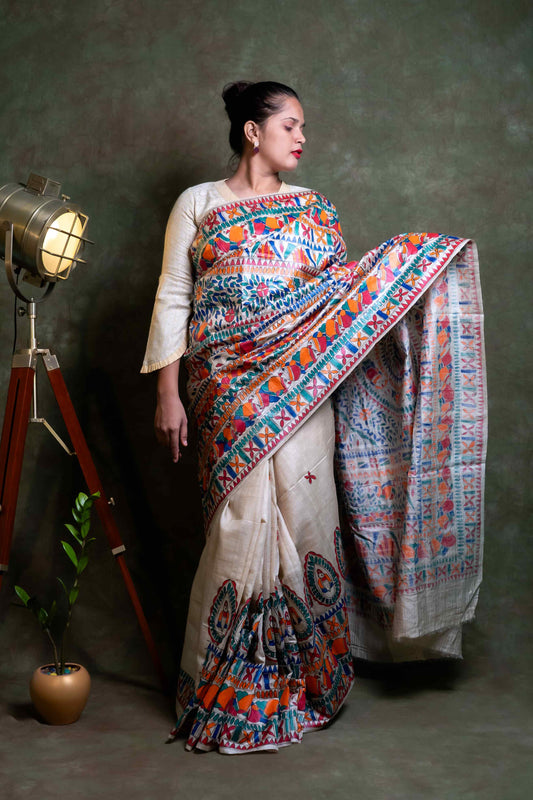 Anuttara Fabric Natural Tussar Silk Madhubani Hand Painted Saree