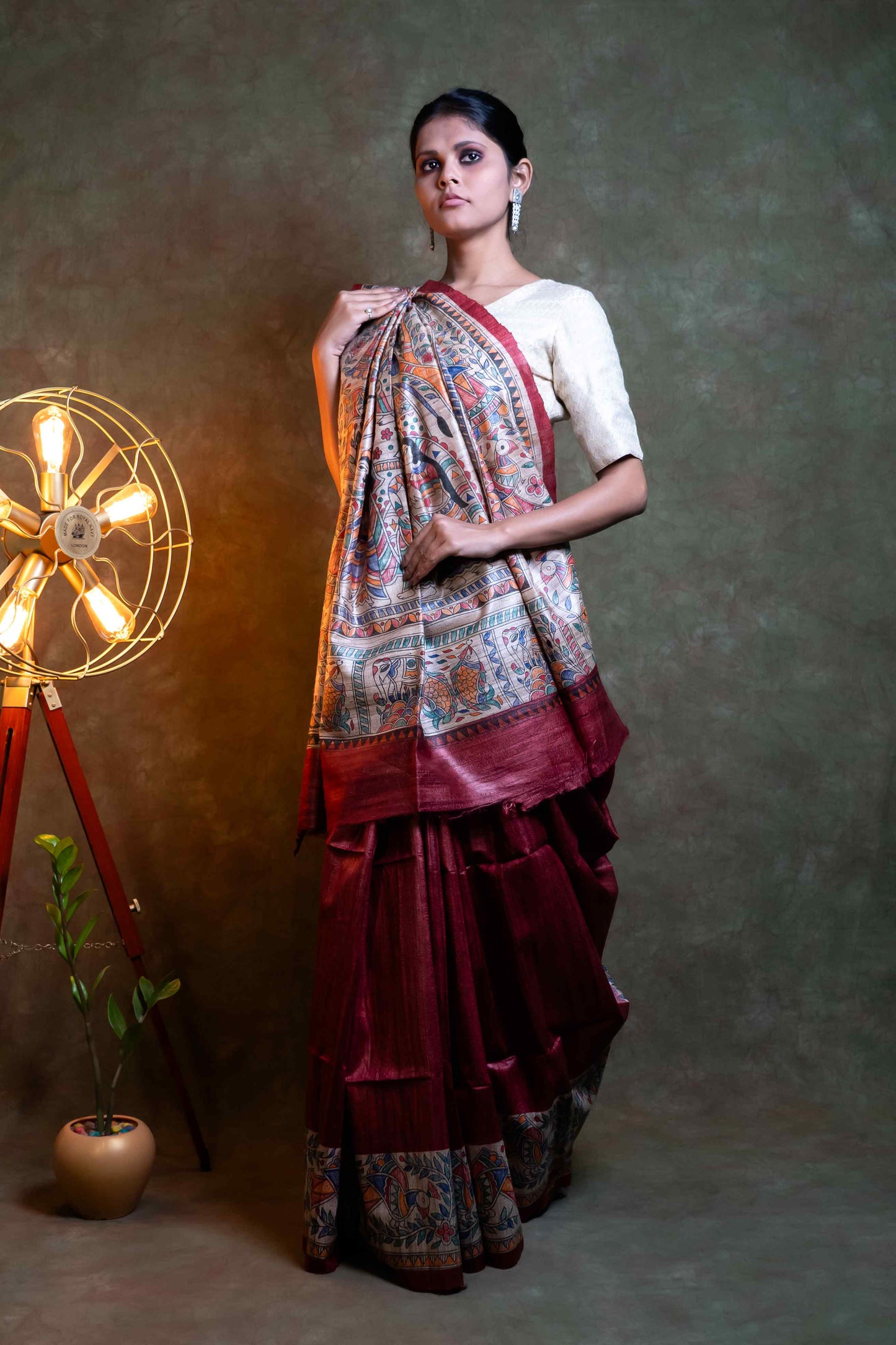 Anuttara Fabric Maroon Ghicha Silk Madhubani Handpainted Saree With Blouse