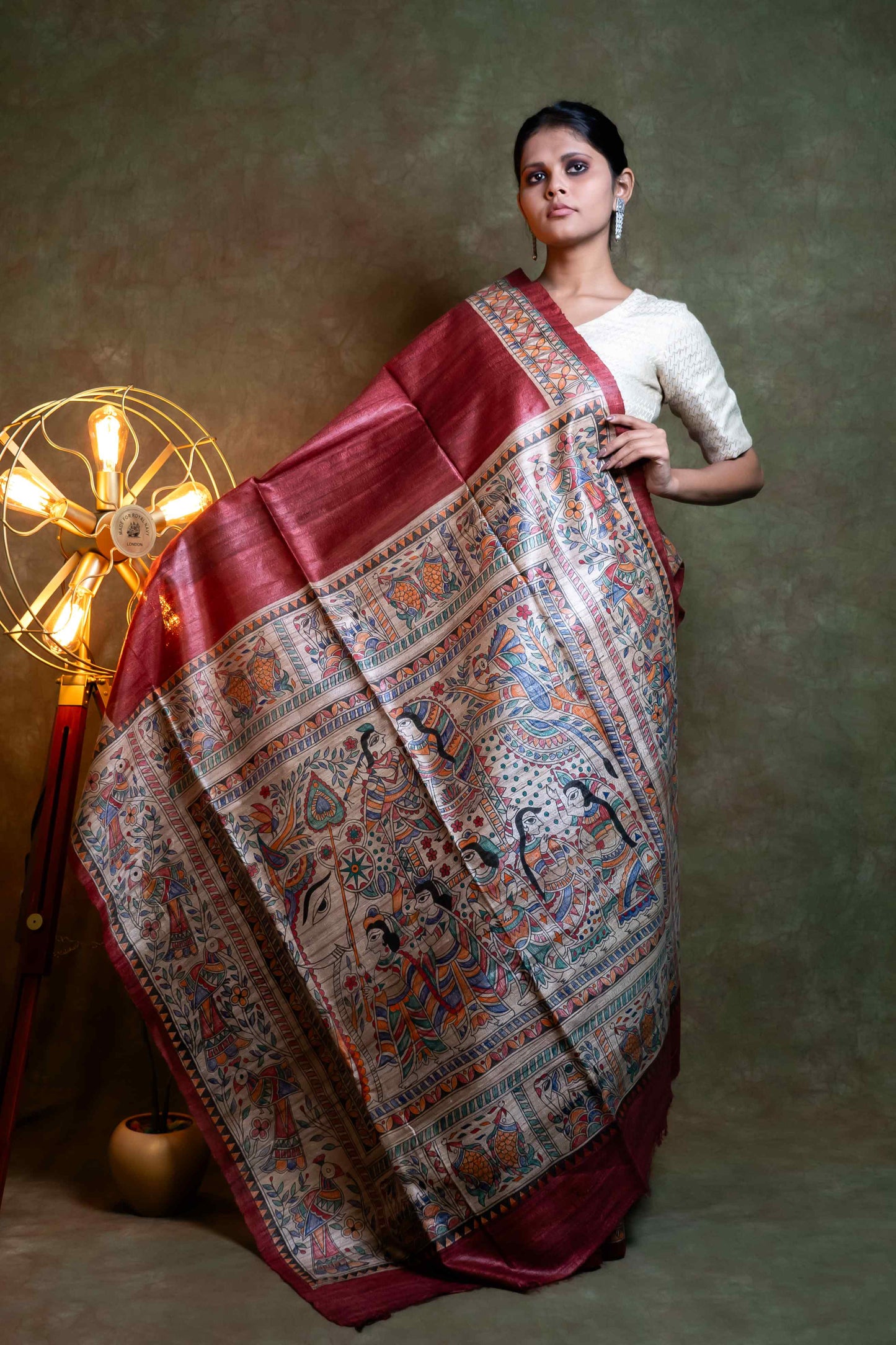 Anuttara Fabric Maroon Ghicha Silk Madhubani Handpainted Saree With Blouse