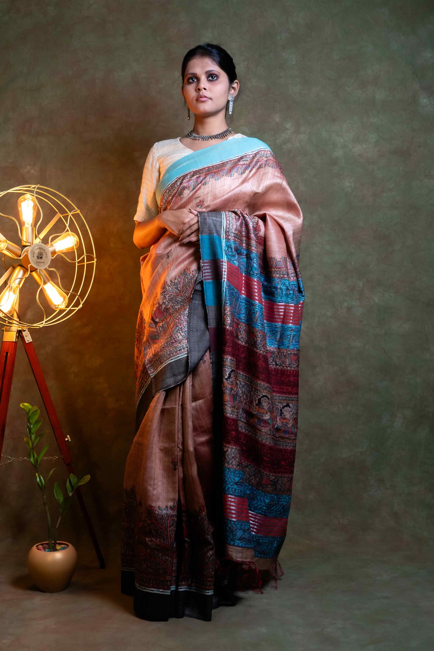 Anuttara Fabric Bronze & Sky Blue Madhubani Hand Painted Tussar Silk Saree