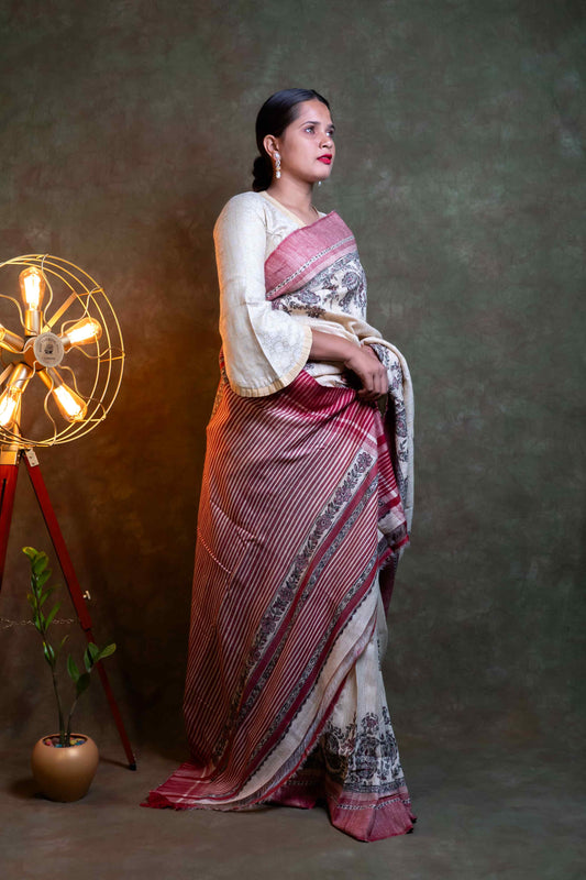 Anuttara Fabric Natural Silk Color Madhubani Hand Painted Ghicha Silk Saree