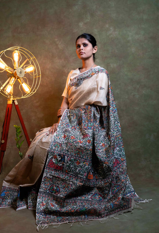 Anuttara Fabric Almond Madhubani Hand Painted Tussar Silk Saree