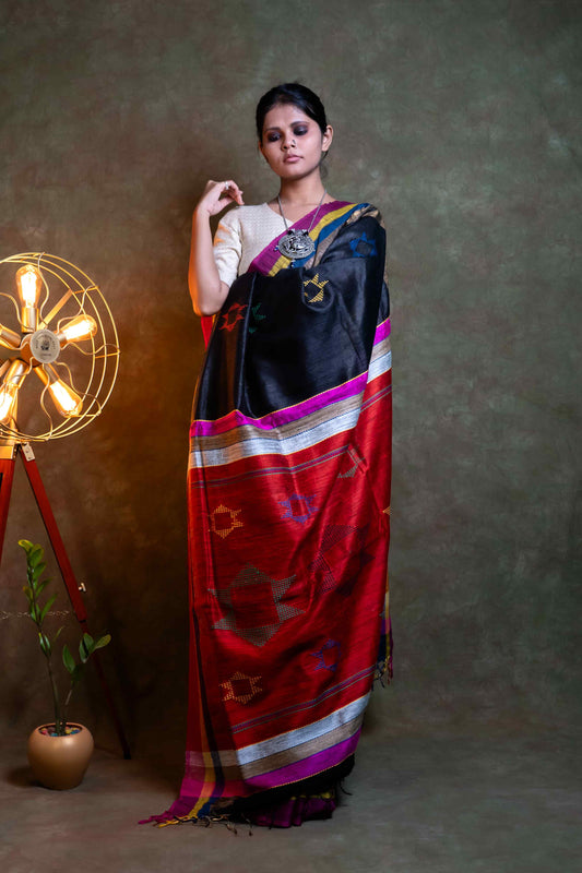 Anuttara Fabric Black & Red Raw Silk Saree