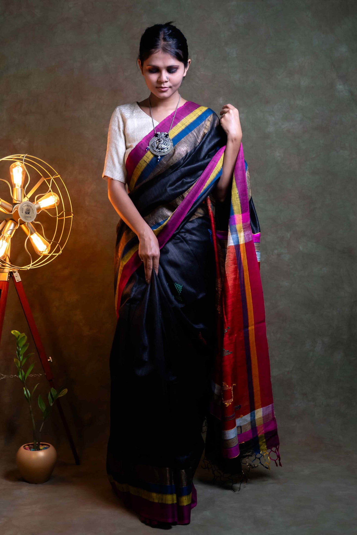 Anuttara Fabric Black & Red Raw Silk Saree