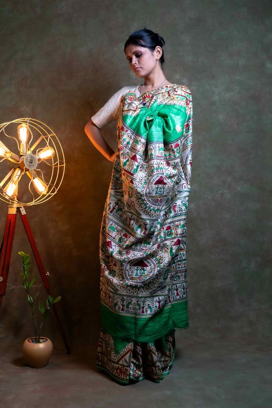 Anuttara Fabric Parrot Green Ghicha Silk Printed Saree