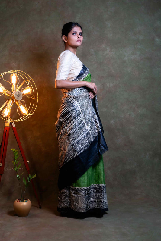 Anuttara Fabric Green & Black Ghicha Silk Printed Saree