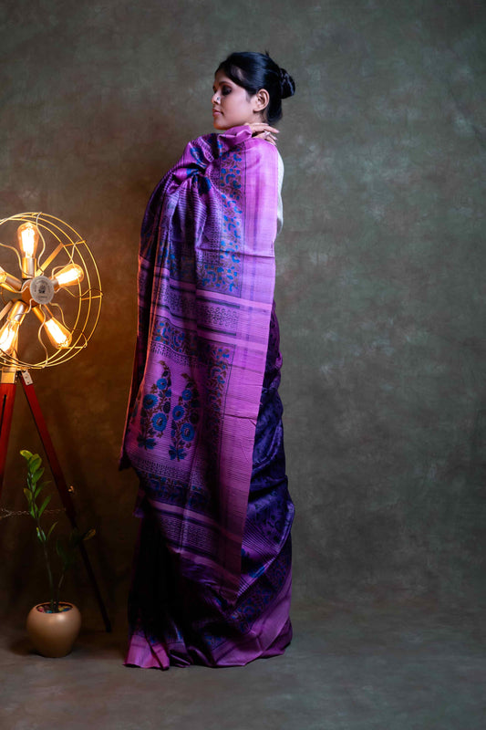 Anuttara Fabric Purple Ghicha Silk Printed Saree