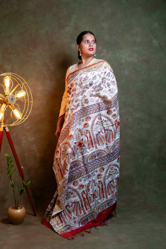 Anuttara Fabric Natural Silk Linen Printed Saree