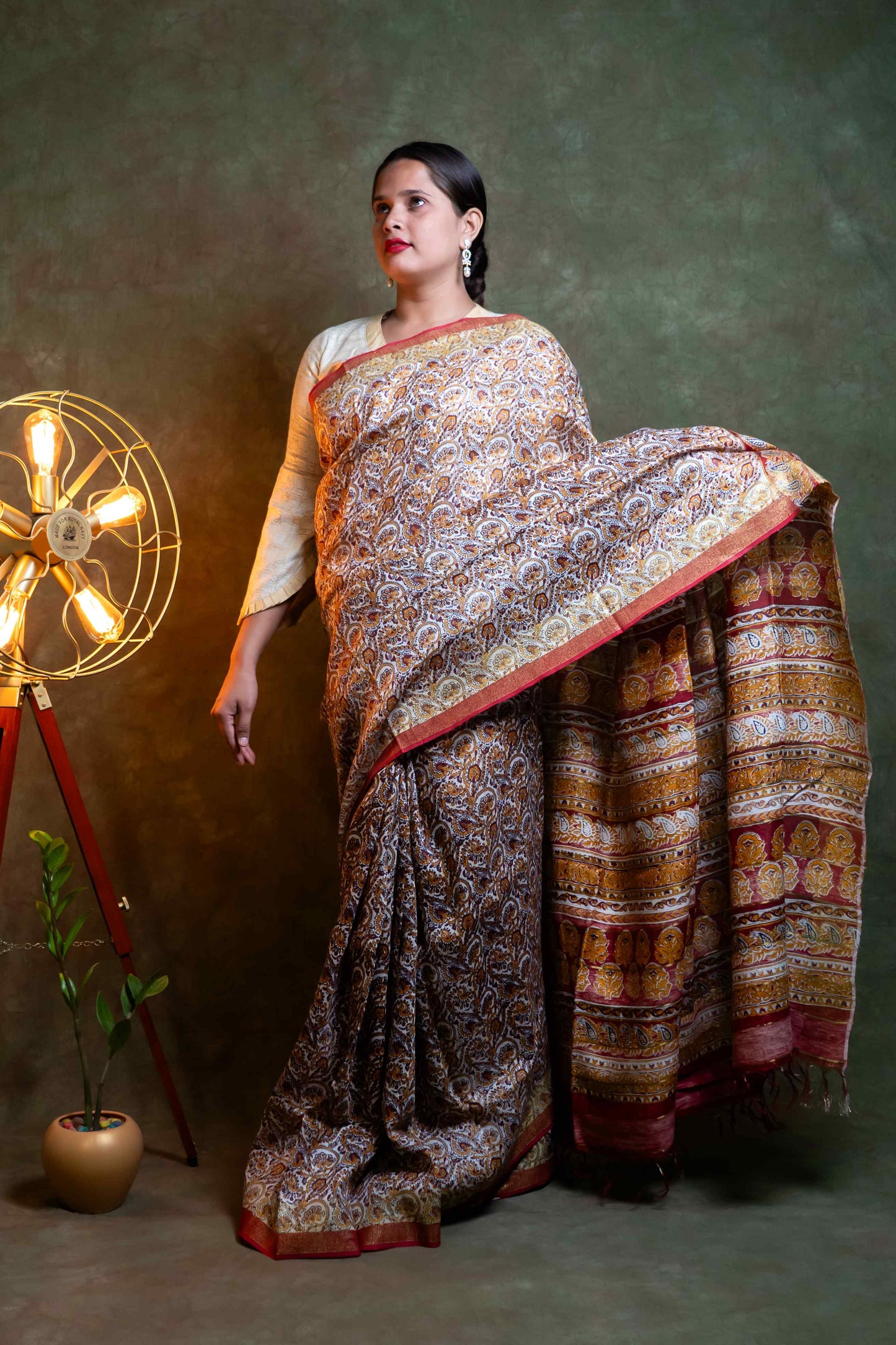 Anuttara Fabric Maroon & Golden Yellow Silk Linen Printed  Saree