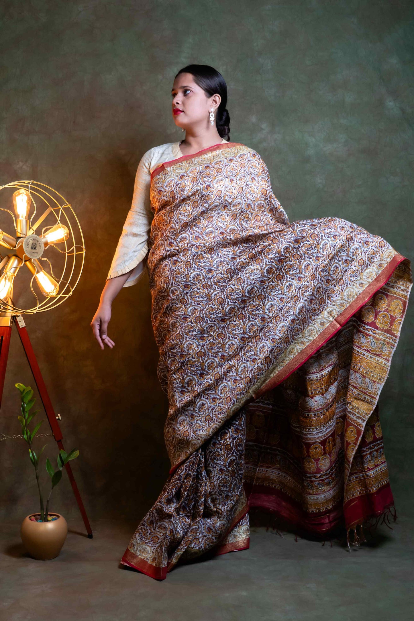 Anuttara Fabric Maroon & Golden Yellow Silk Linen Printed  Saree