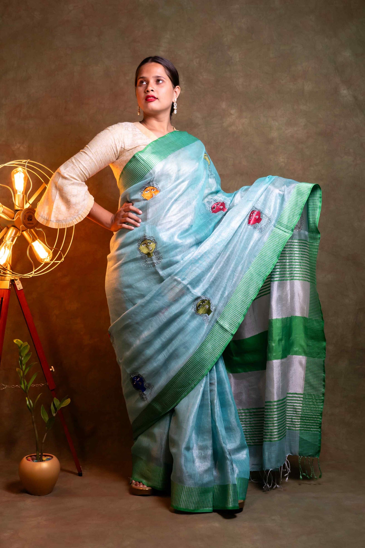 Anuttara Fabric  Sky Blue & Green Tissue Linen Embroidery Saree