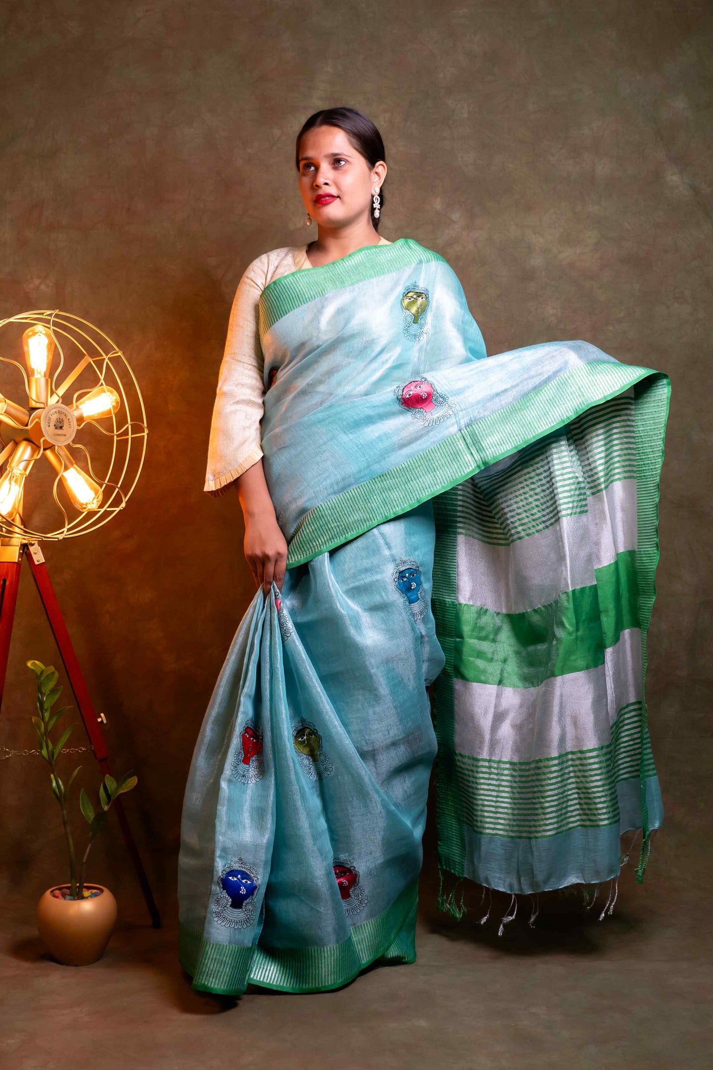 Anuttara Fabric  Sky Blue & Green Tissue Linen Embroidery Saree