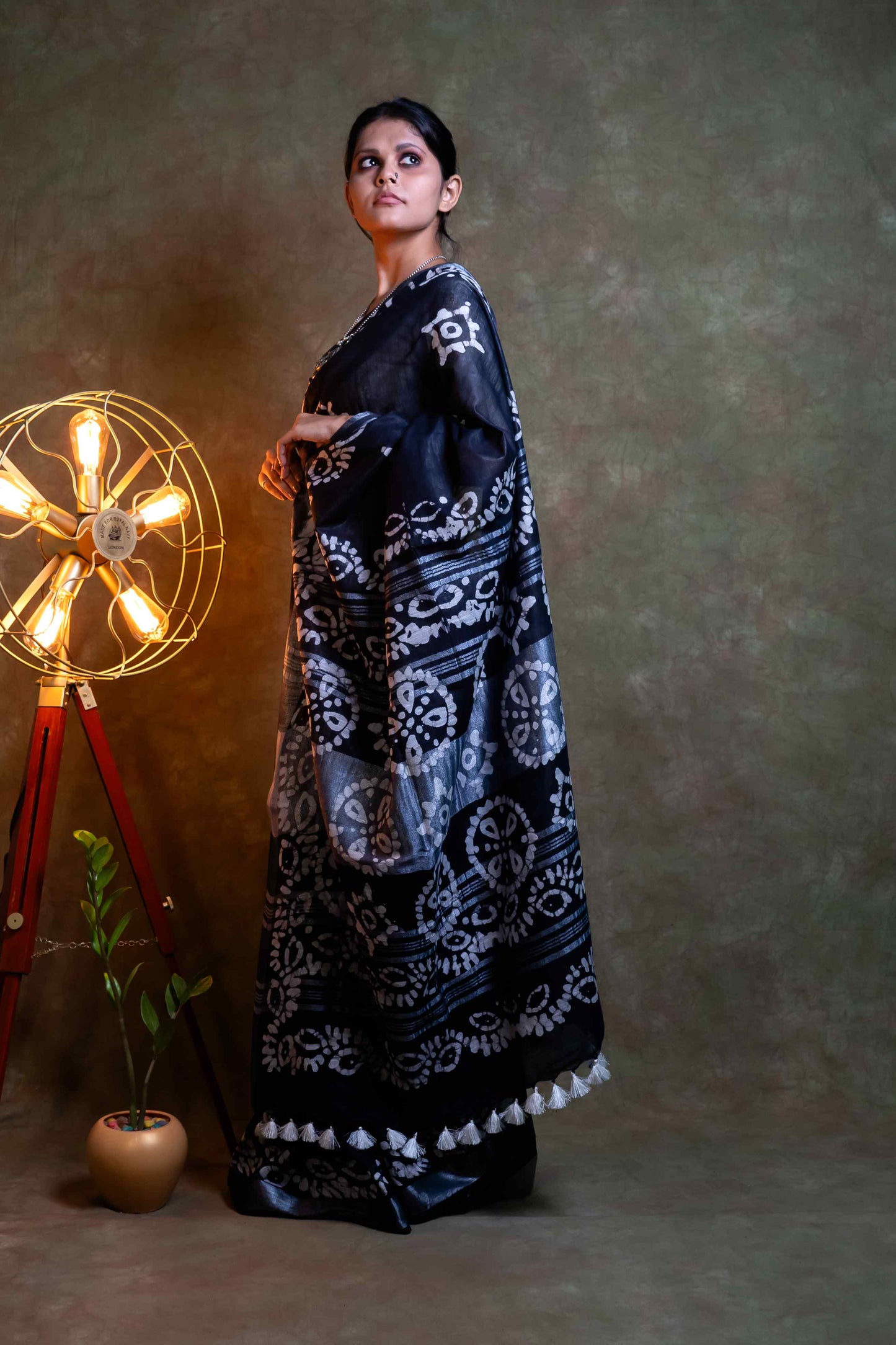 Anuttara Fabric Black Batik Style Khadi Cotton Printed Saree