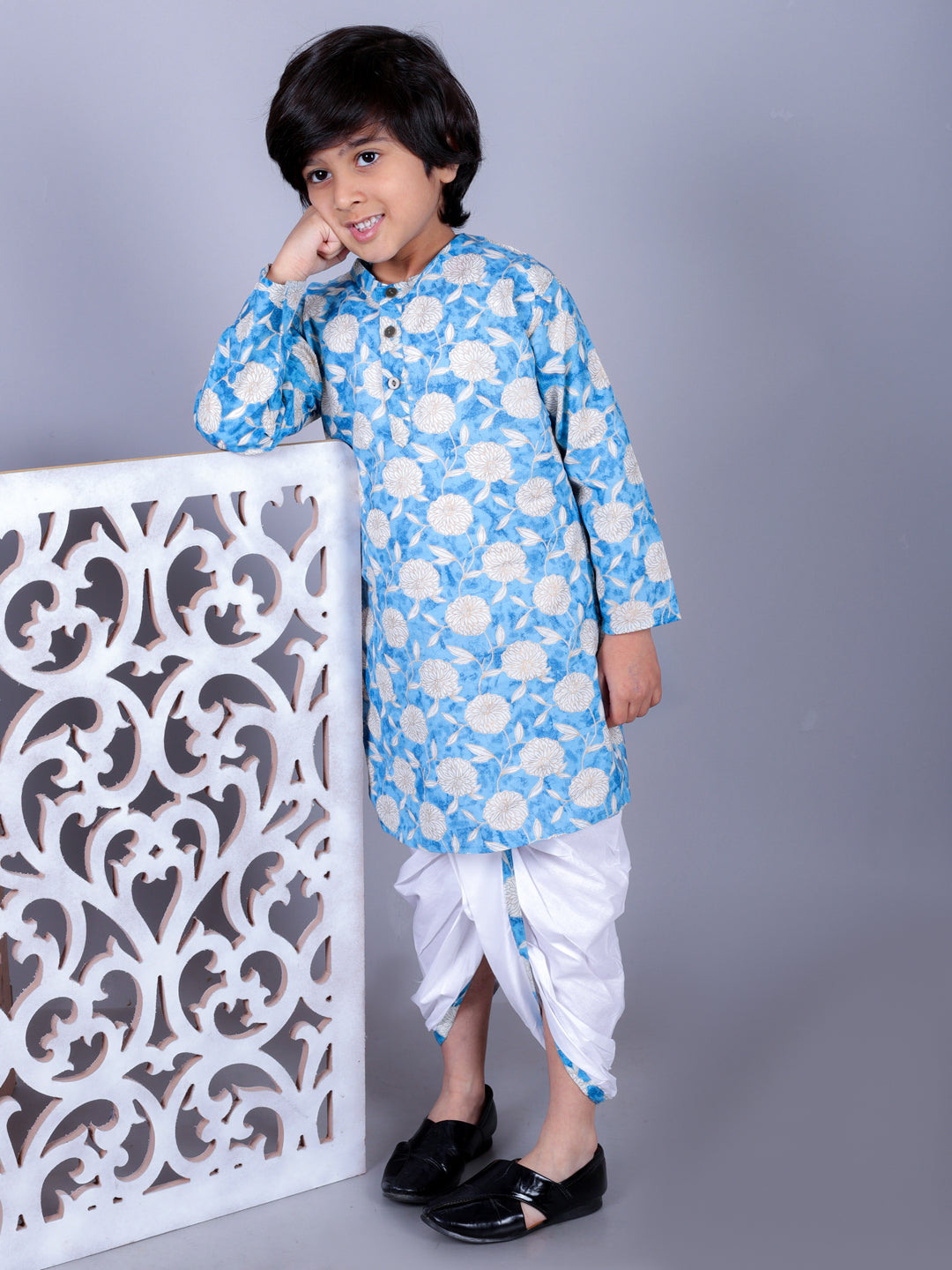 Anuttara Blue Cotton Blend Straight Dhoti & Kurta Set_FJB1008