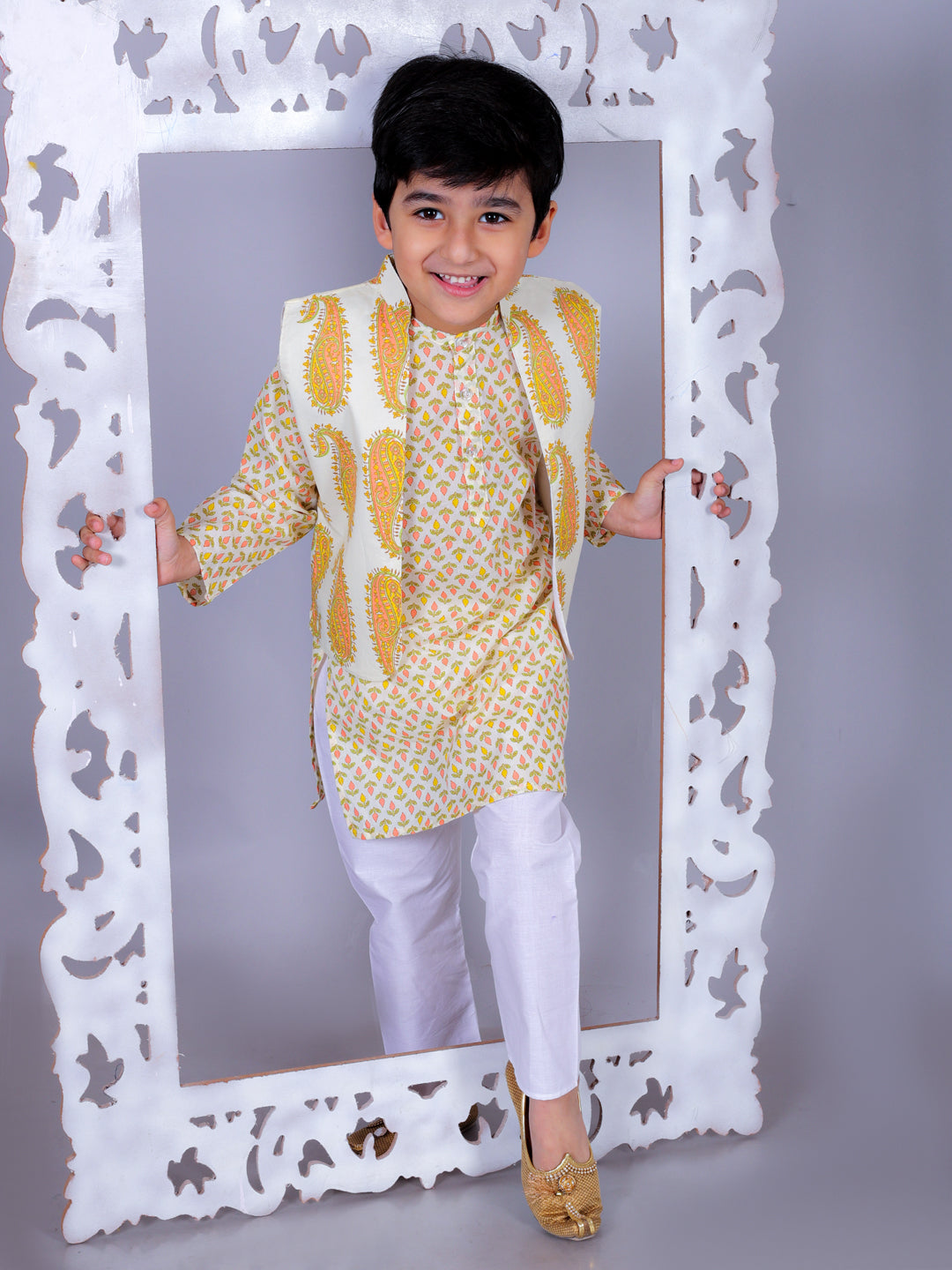 Anuttara Multicolor Cotton Blend Straight Kurta Waistcoat & Pyjama Set_FJB1012